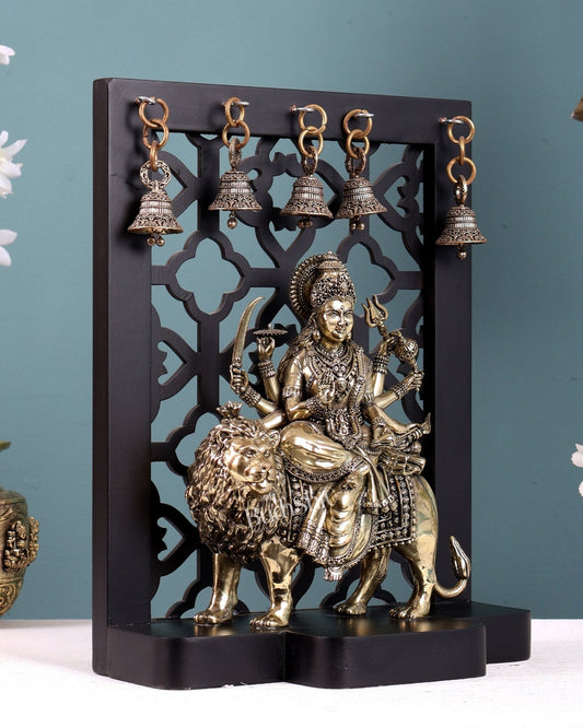 Brass Superfine Durga Mata Idol with Hanging Bells – MDF Temple Frame Panel 12 inch - Budhshiv.com