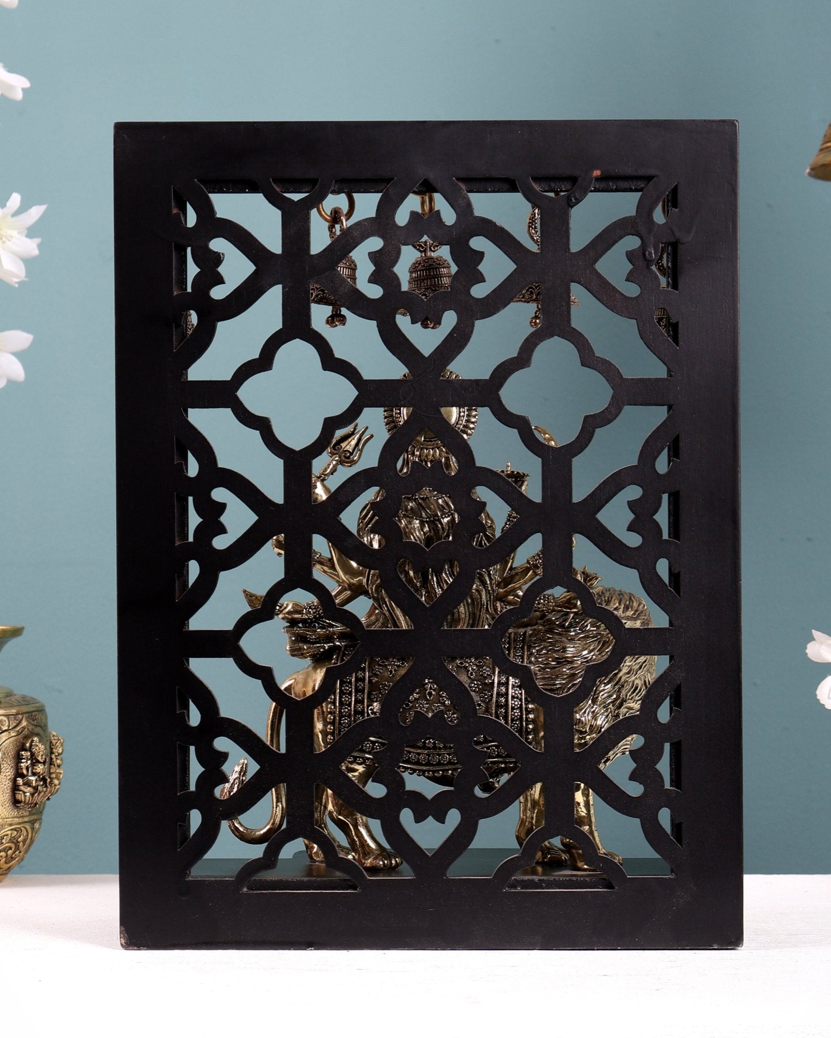 Brass Superfine Durga Mata Idol with Hanging Bells – MDF Temple Frame Panel 12 inch - Budhshiv.com