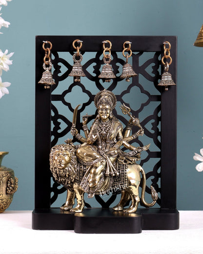 Brass Superfine Durga Mata Idol with Hanging Bells – MDF Temple Frame Panel 12 inch - Budhshiv.com