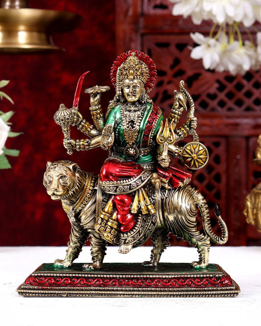 Brass Superfine Durga on Tiger Idol with Engraved Base – 7 Inch hand-painted - Budhshiv.com
