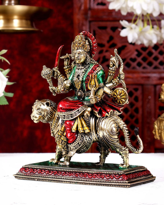 Brass Superfine Durga on Tiger Idol with Engraved Base – 7 Inch hand-painted - Budhshiv.com