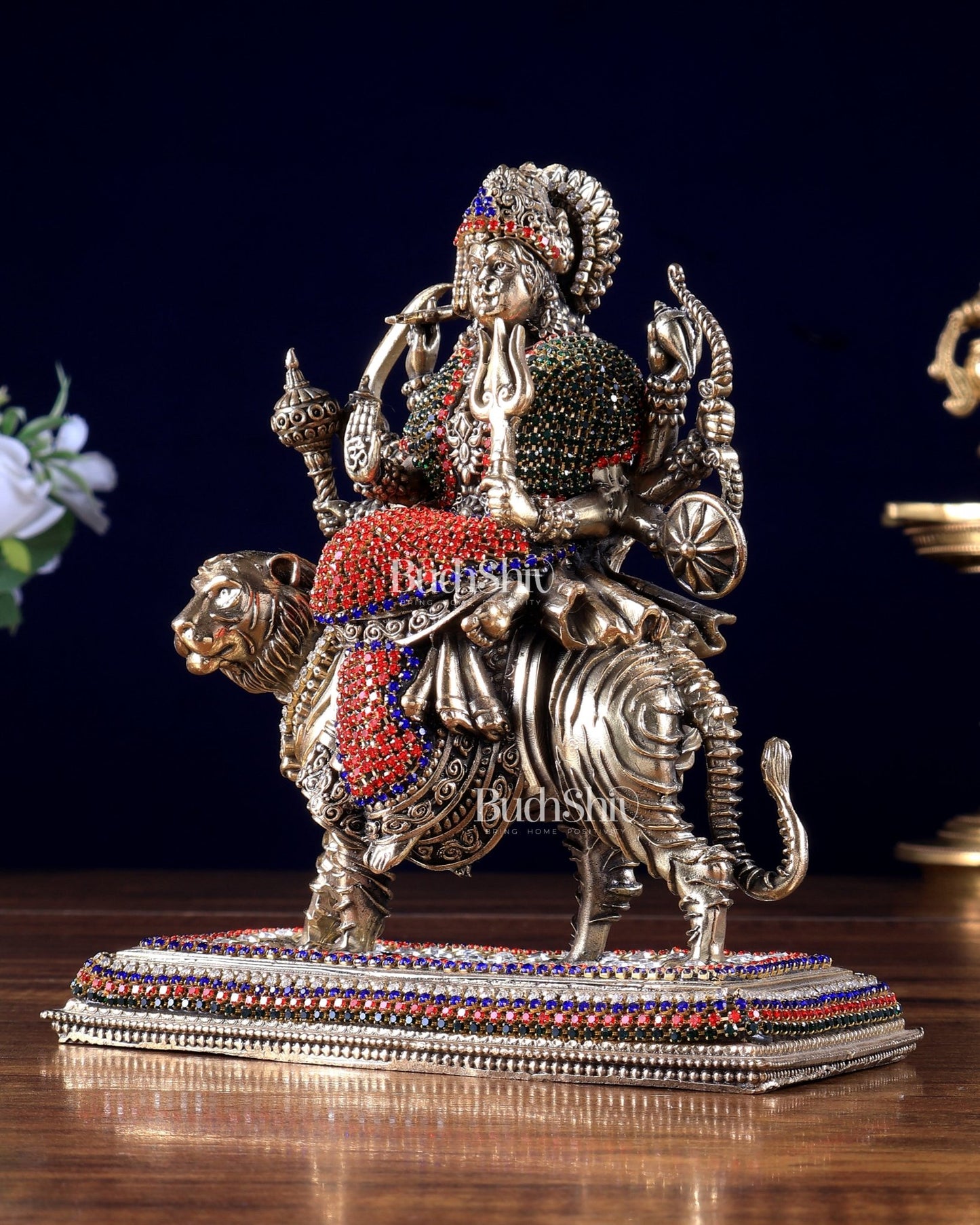 Brass Superfine Durga on Tiger Idol with Jewellery work– 7 Inch - Budhshiv.com