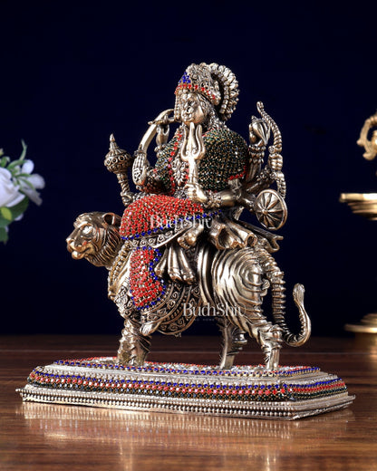 Brass Superfine Durga on Tiger Idol with Jewellery work– 7 Inch - Budhshiv.com