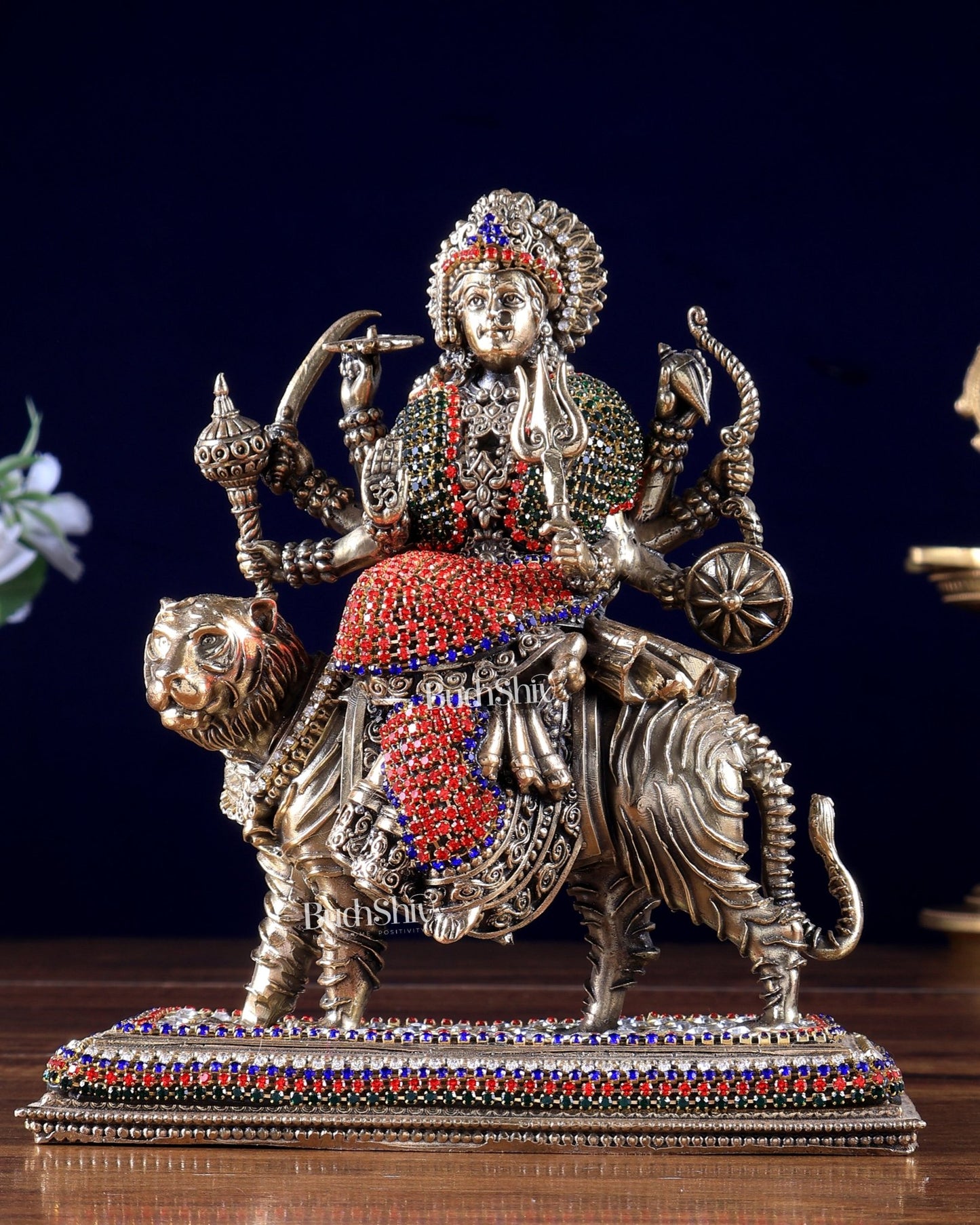 Brass Superfine Durga on Tiger Idol with Jewellery work– 7 Inch - Budhshiv.com