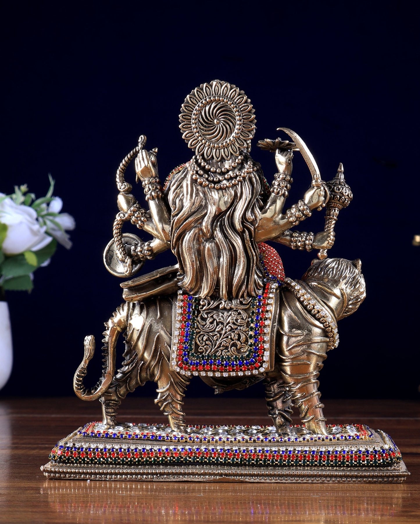 Brass Superfine Durga on Tiger Idol with Jewellery work– 7 Inch - Budhshiv.com