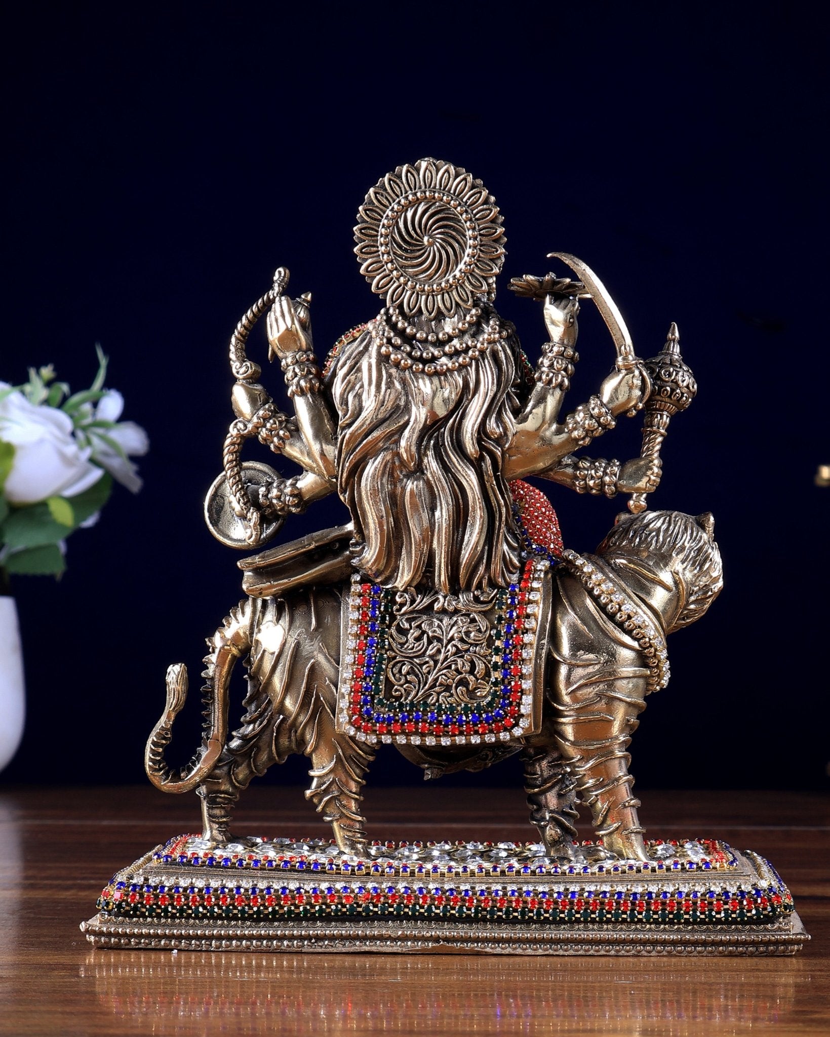 Brass Superfine Durga on Tiger Idol with Jewellery work– 7 Inch - Budhshiv.com