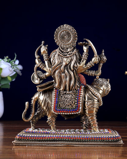 Brass Superfine Durga on Tiger Idol with Jewellery work– 7 Inch - Budhshiv.com