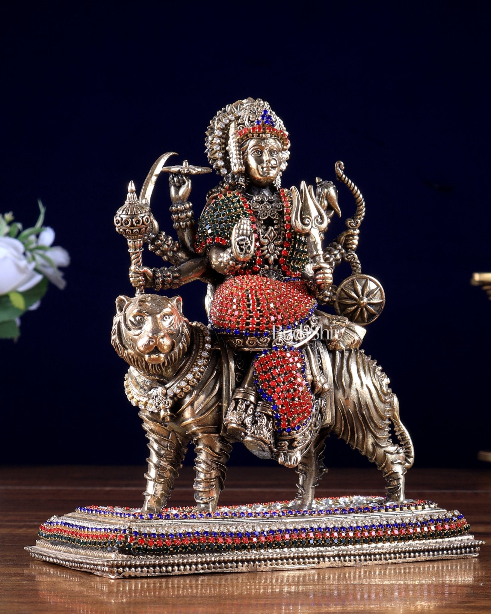 Brass Superfine Durga on Tiger Idol with Jewellery work– 7 Inch - Budhshiv.com