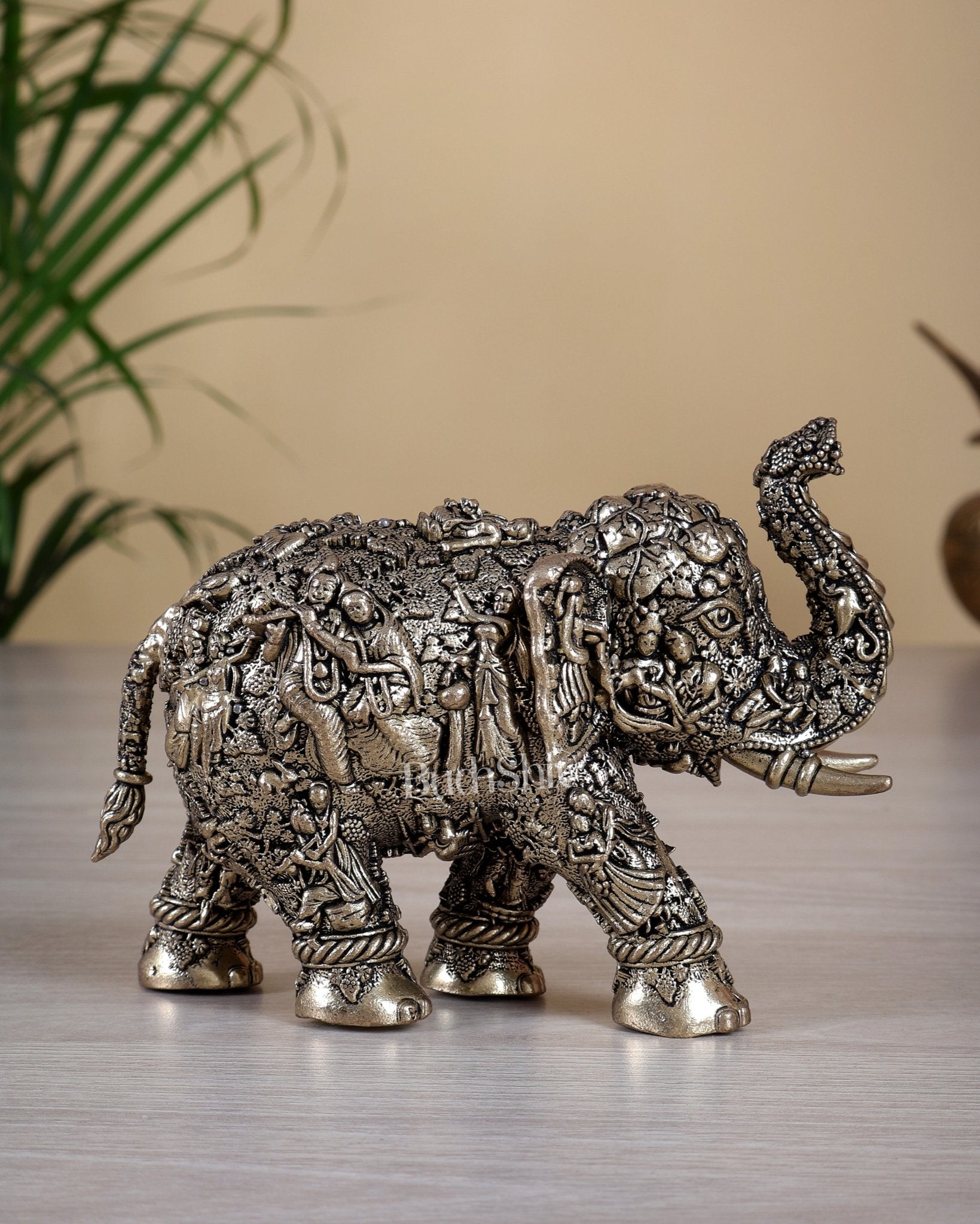 Brass Superfine Elephant Radha Krishna Design – Fully Engraved Masterpiece 5.5" - Budhshiv.com