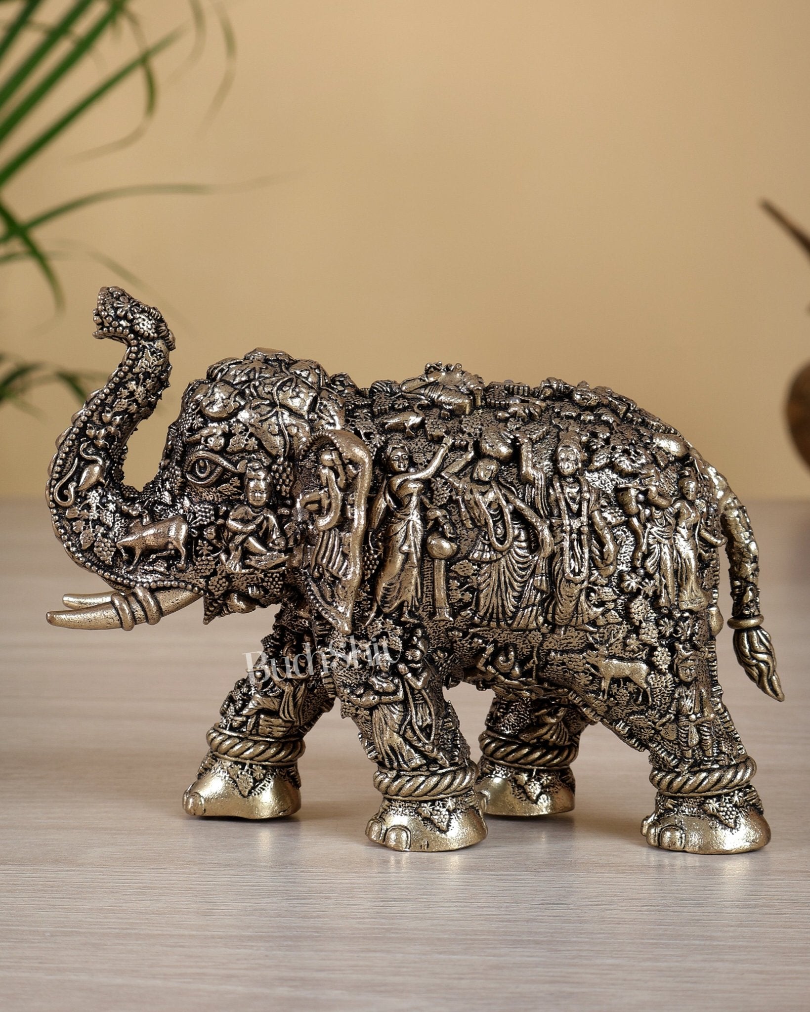 Brass Superfine Elephant Radha Krishna Design – Fully Engraved Masterpiece 5.5" - Budhshiv.com