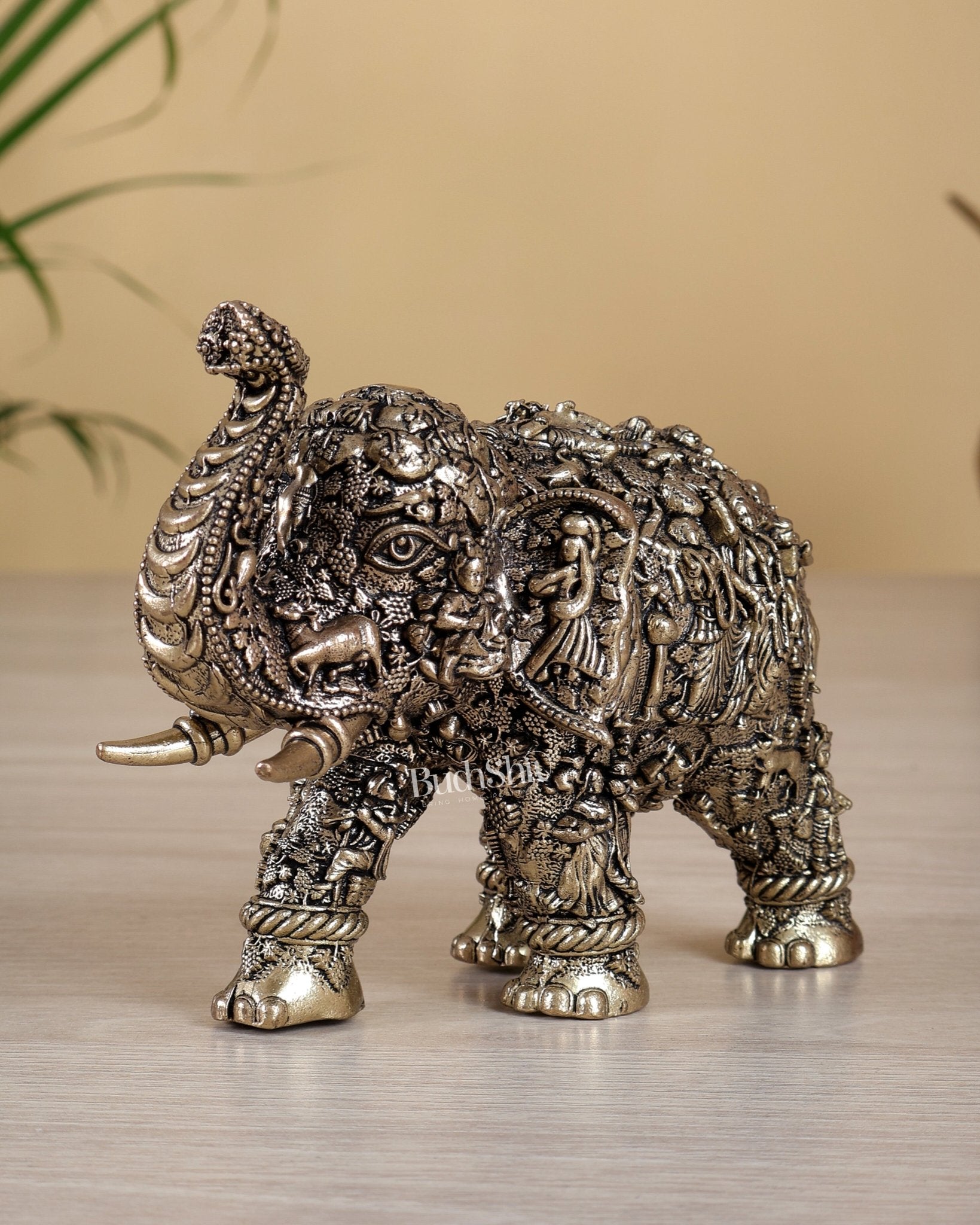 Brass Superfine Elephant Radha Krishna Design – Fully Engraved Masterpiece 5.5" - Budhshiv.com