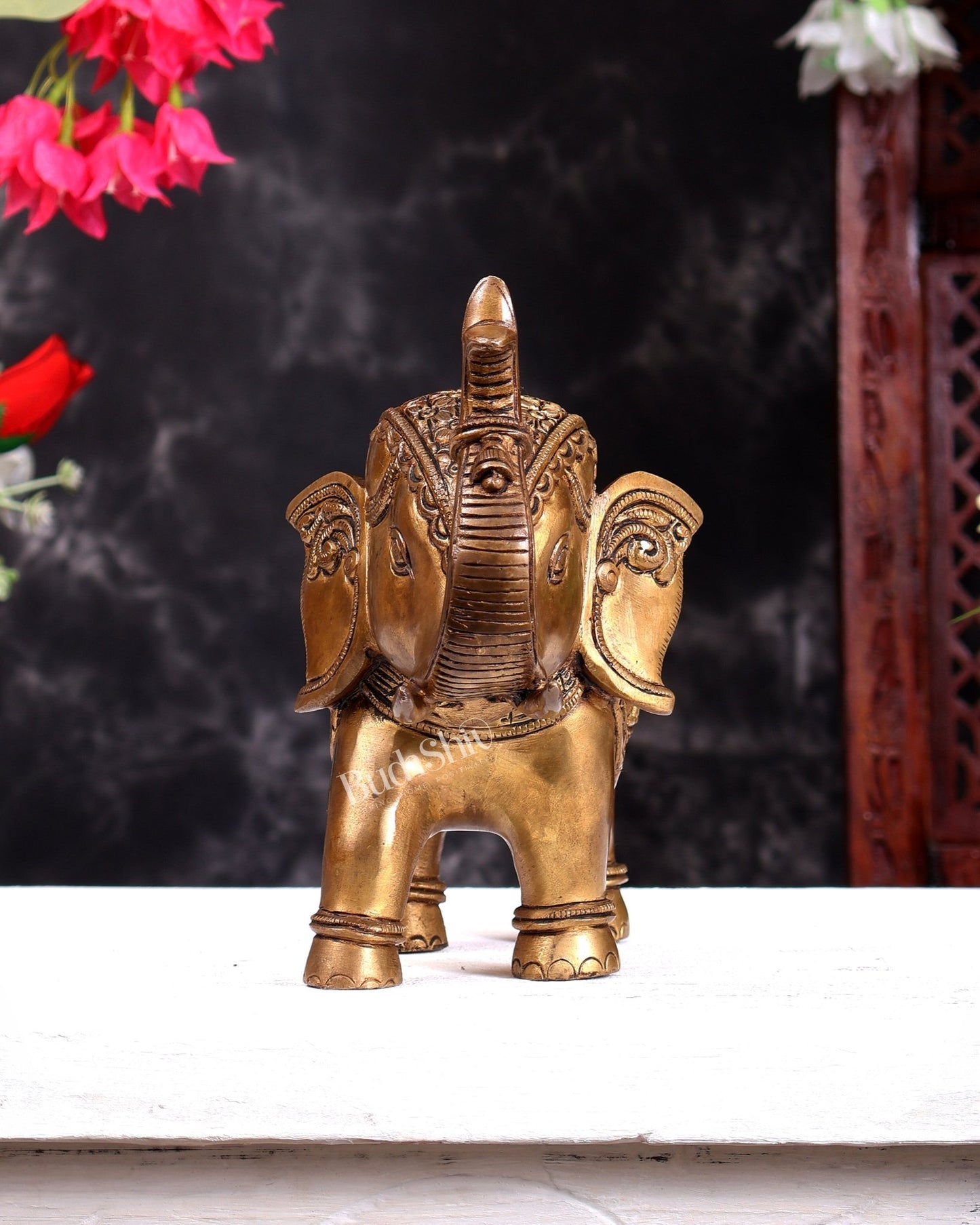 Brass Superfine Elephant Statue Showpiece | 9.5 inch antique tone - Budhshiv.com