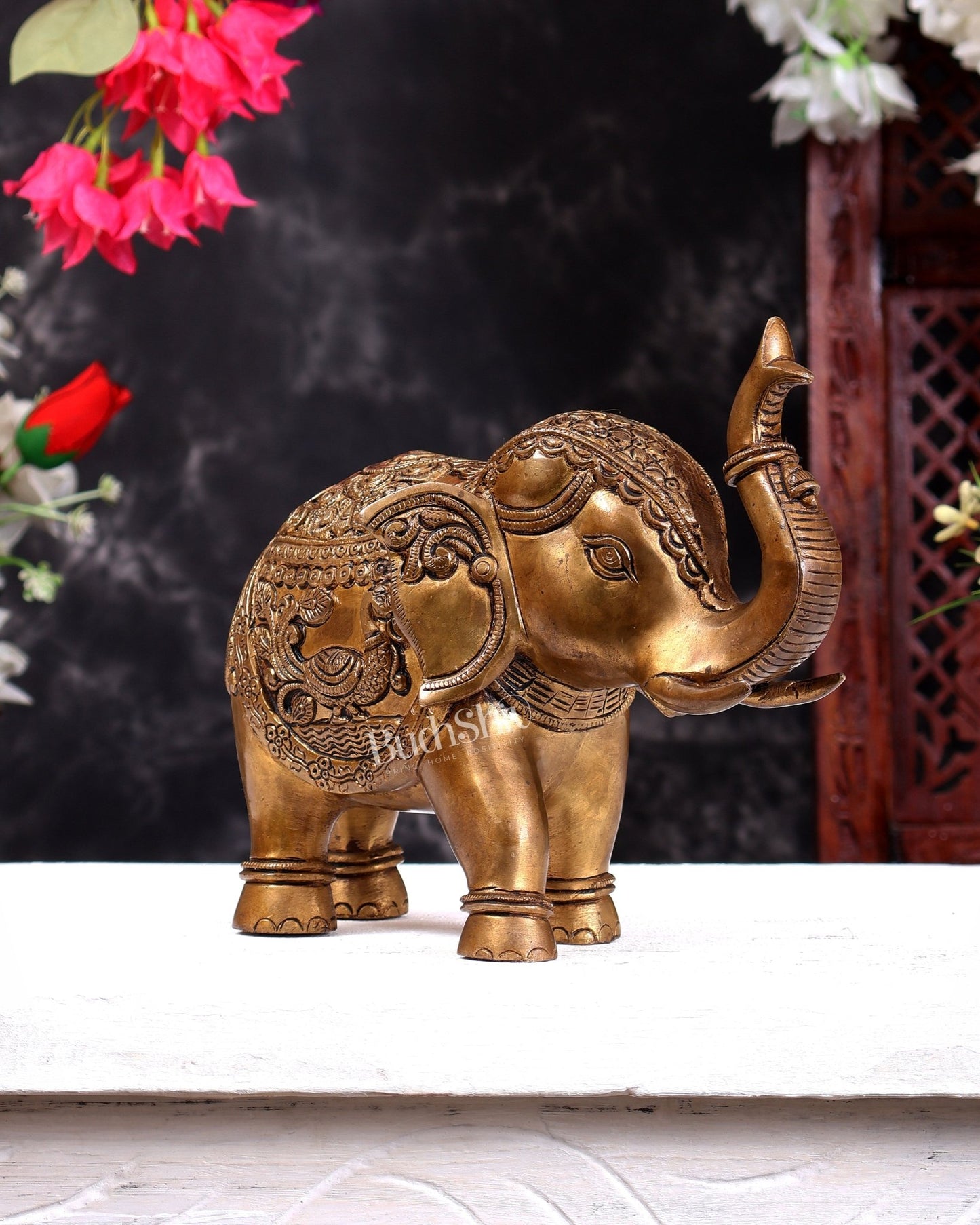 Brass Superfine Elephant Statue Showpiece | 9.5 inch antique tone - Budhshiv.com