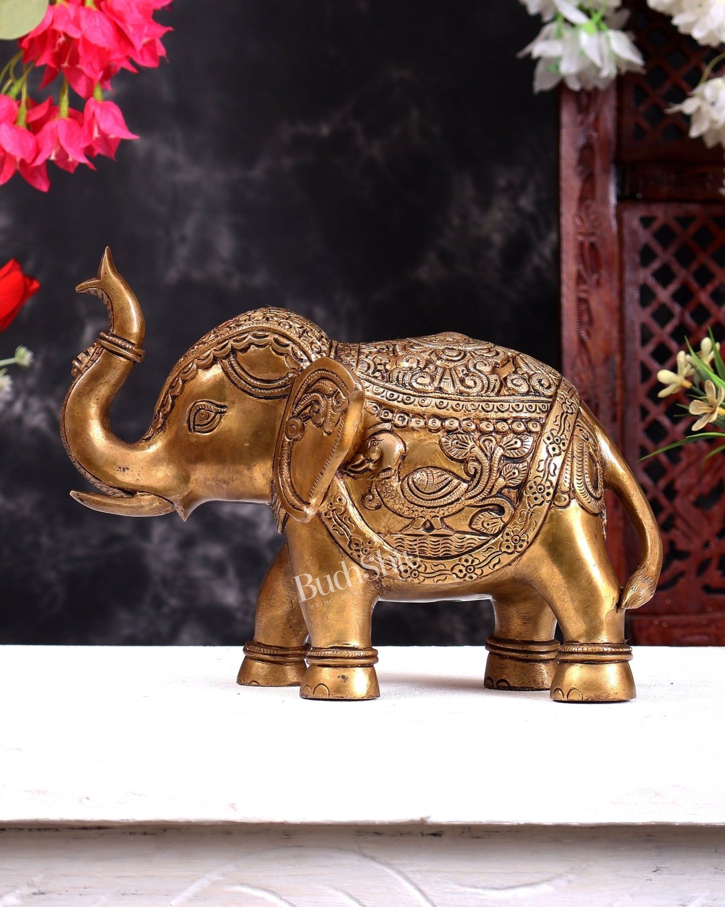 Brass Superfine Elephant Statue Showpiece | 9.5 inch antique tone - Budhshiv.com