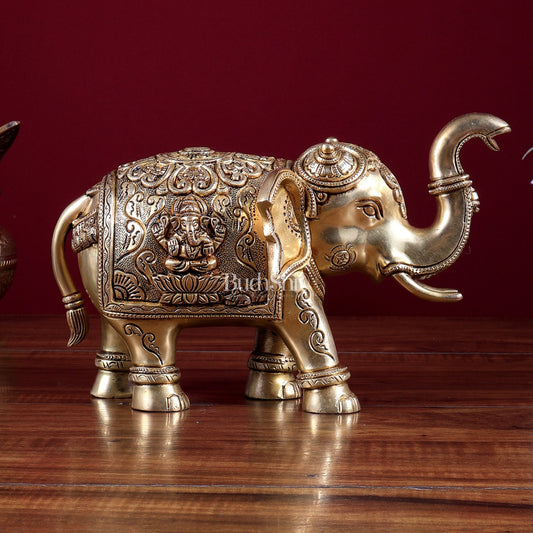 Brass Superfine Elephant with Ganesha & Lakshmi Carvings 10 inch - Budhshiv.com