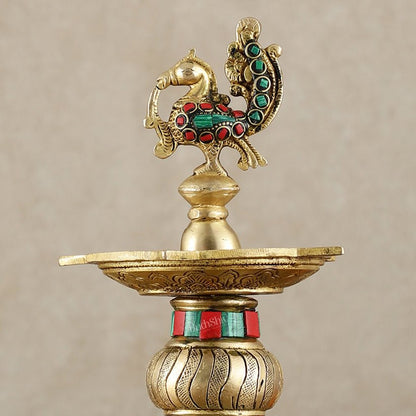 Brass Superfine Elephant with peacock lamp 11" meenakari single - Budhshiv.com