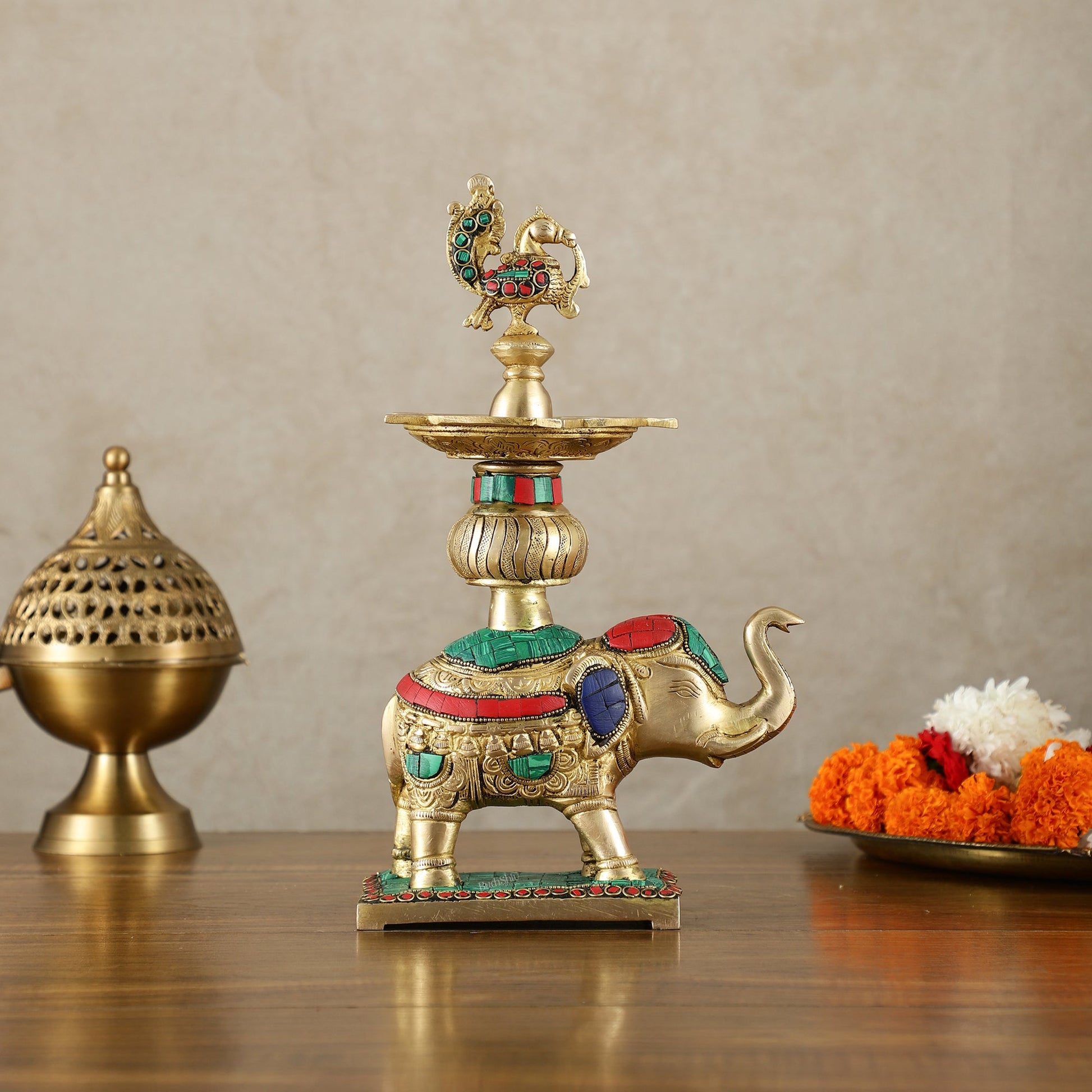 Brass Superfine Elephant with peacock lamp 11" meenakari single - Budhshiv.com