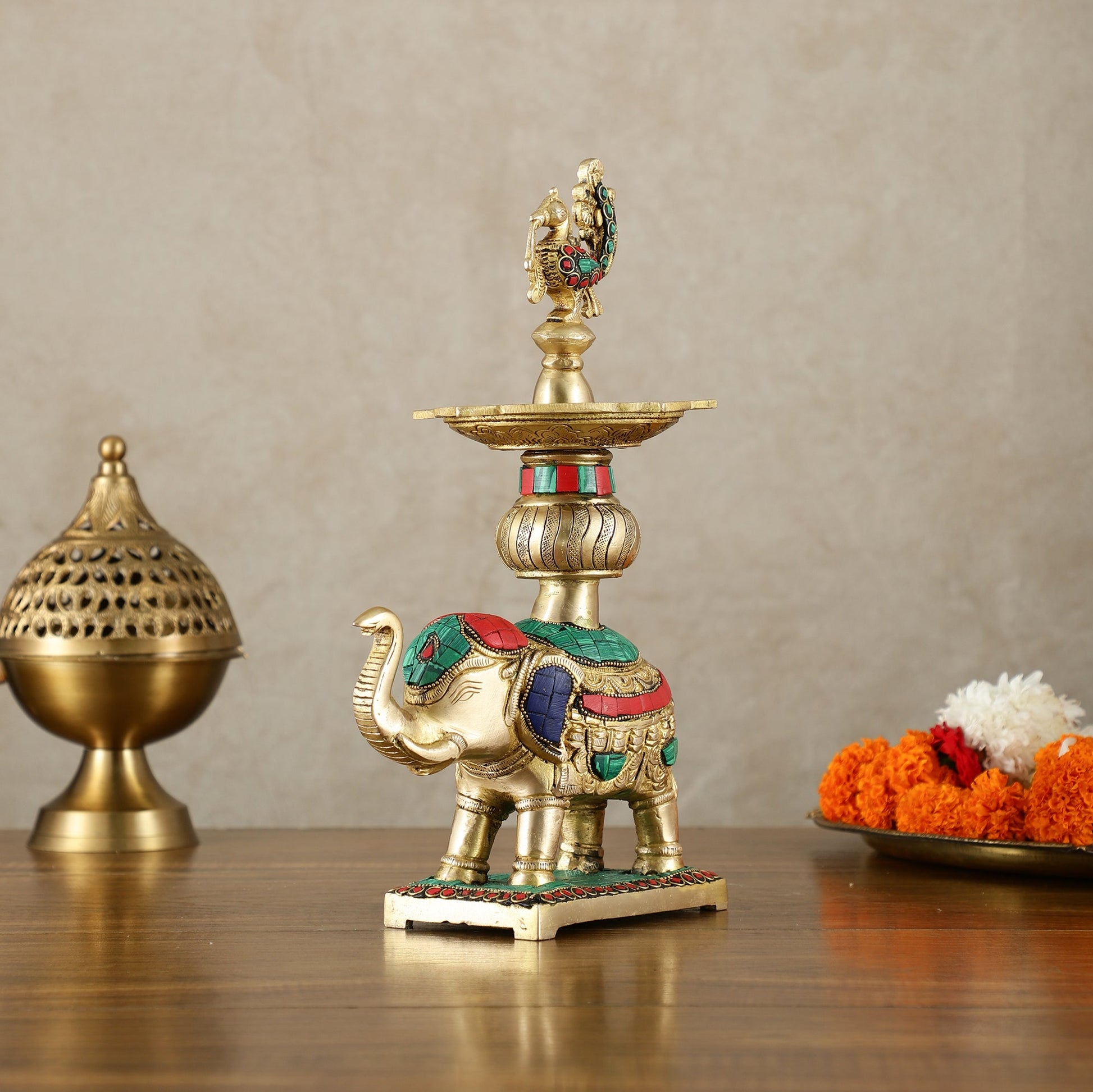 Brass Superfine Elephant with peacock lamp 11" meenakari single - Budhshiv.com