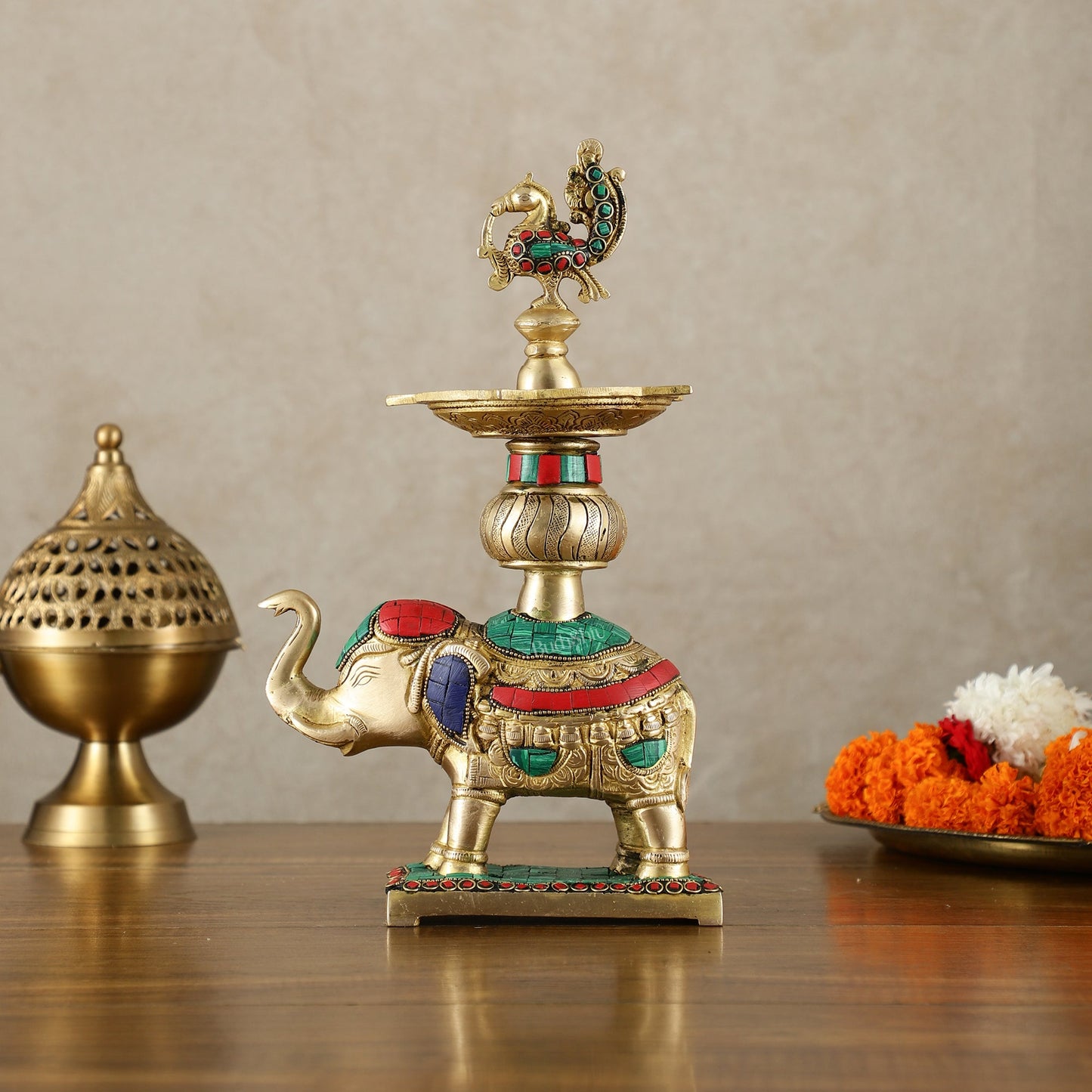 Brass Superfine Elephant with peacock lamp 11" meenakari single - Budhshiv.com