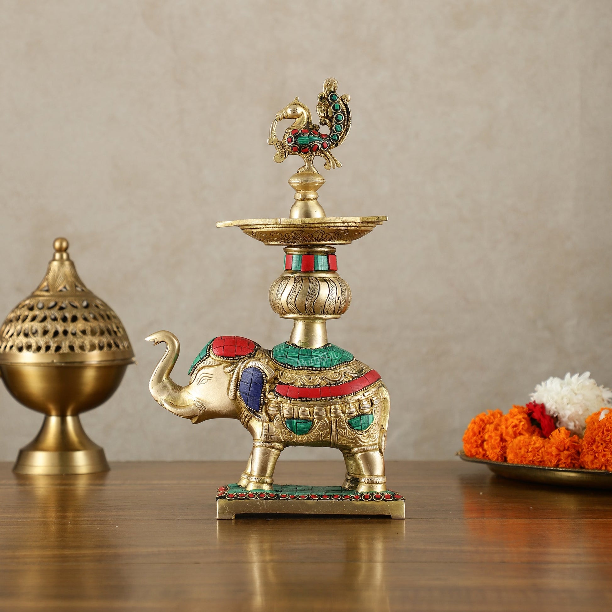 Brass Superfine Elephant with peacock lamp 11" meenakari single - Budhshiv.com
