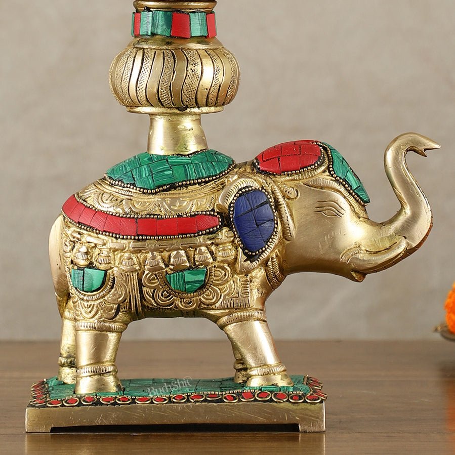 Brass Superfine Elephant with peacock lamp 11" meenakari single - Budhshiv.com
