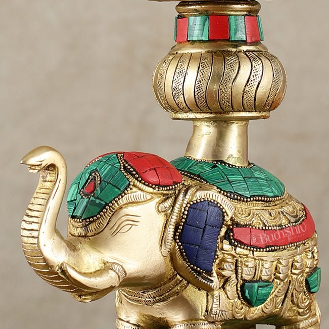 Brass Superfine Elephant with peacock lamp 11" meenakari single - Budhshiv.com