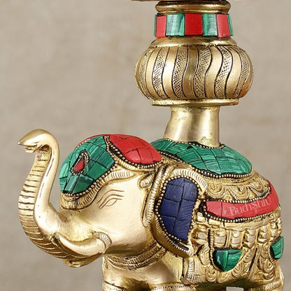 Brass Superfine Elephant with peacock lamp 11" meenakari single - Budhshiv.com