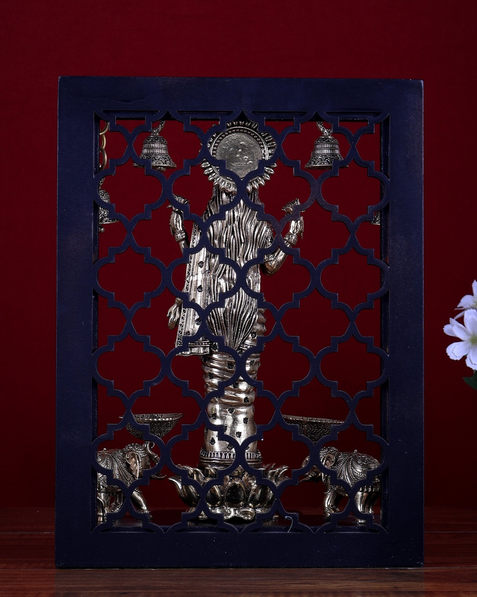 Brass Superfine Gaja Lakshmi on Temple Frame with Dual Elephant Diyas & Hanging Bells – MDF Platform - Budhshiv.com