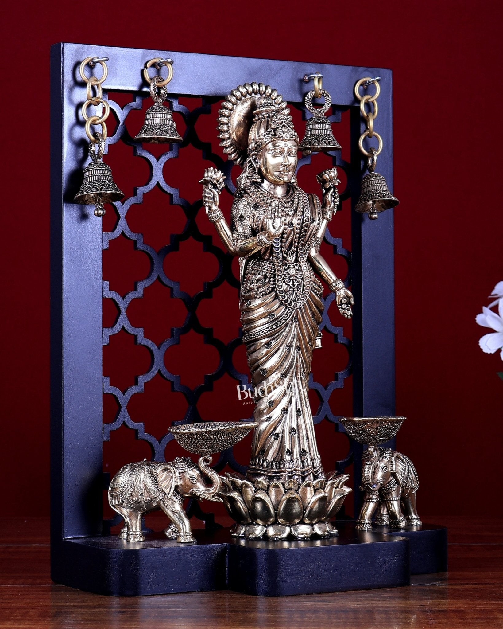 Brass Superfine Gaja Lakshmi on Temple Frame with Dual Elephant Diyas & Hanging Bells – MDF Platform - Budhshiv.com