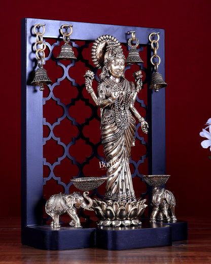 Brass Superfine Gaja Lakshmi on Temple Frame with Dual Elephant Diyas & Hanging Bells – MDF Platform - Budhshiv.com