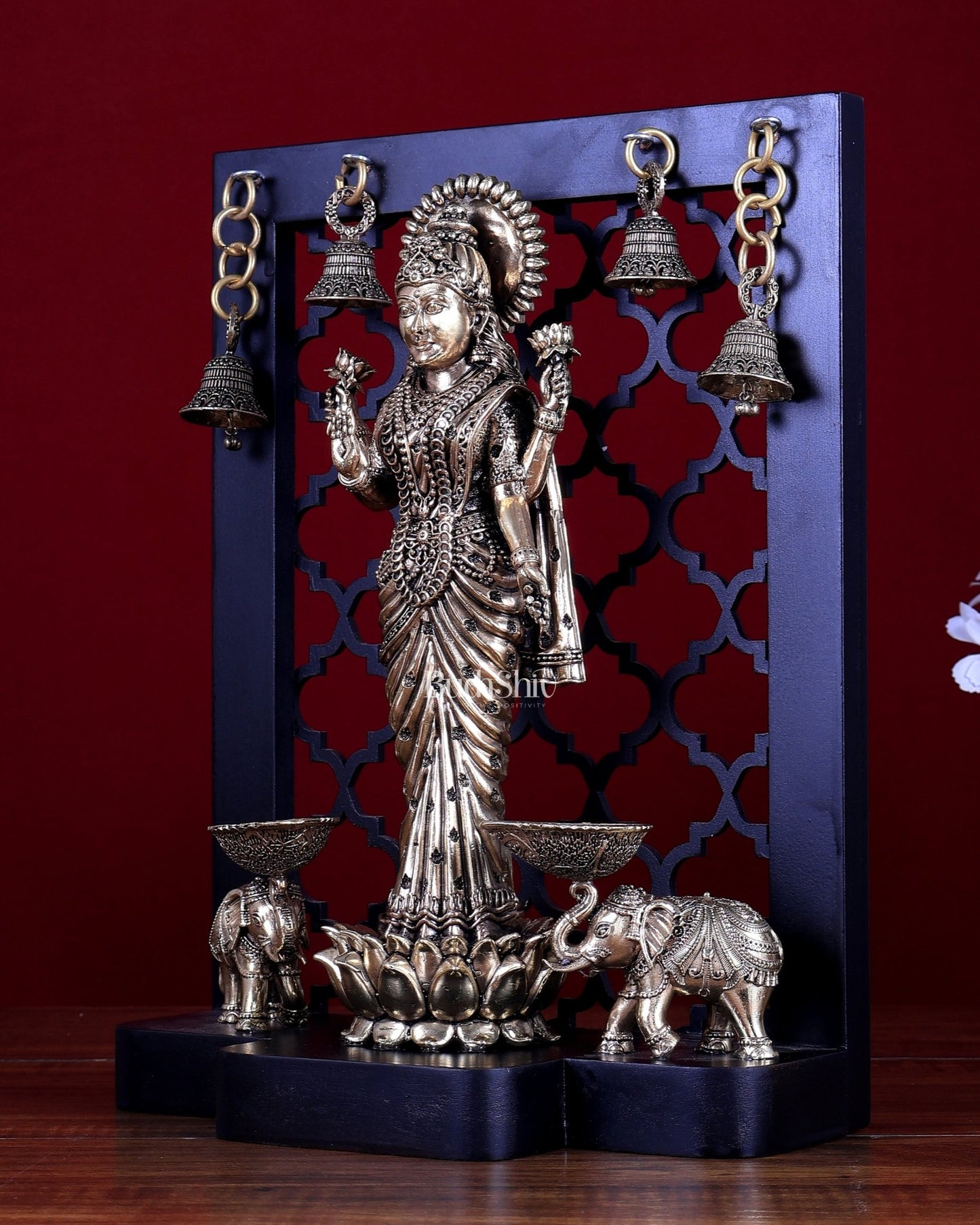 Brass Superfine Gaja Lakshmi on Temple Frame with Dual Elephant Diyas & Hanging Bells – MDF Platform - Budhshiv.com
