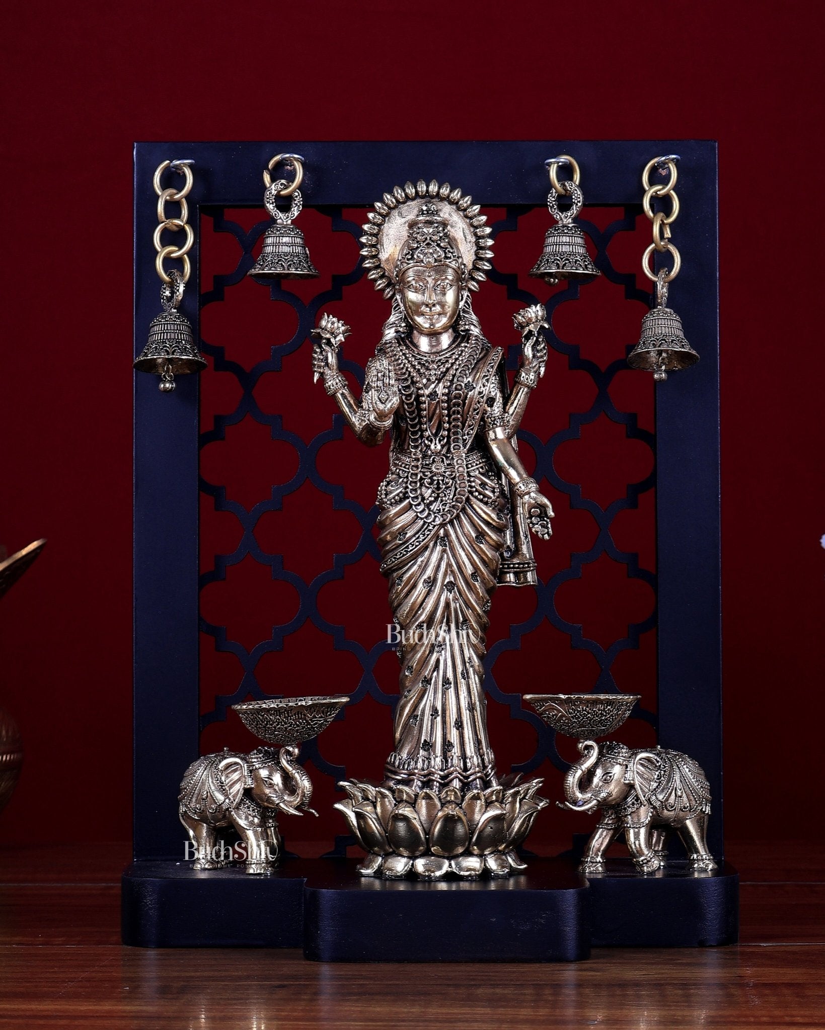 Brass Superfine Gaja Lakshmi on Temple Frame with Dual Elephant Diyas & Hanging Bells – MDF Platform - Budhshiv.com