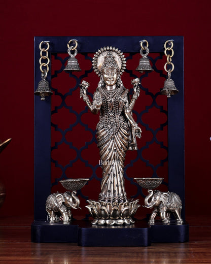 Brass Superfine Gaja Lakshmi on Temple Frame with Dual Elephant Diyas & Hanging Bells – MDF Platform - Budhshiv.com
