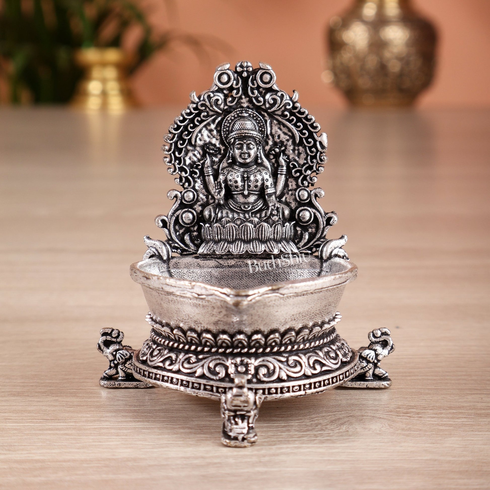 Brass Superfine Gajalakshmi Kamatchi Vilakku – Silver Plated Oil Lamp Diya (2.7 Inches) - Budhshiv.com