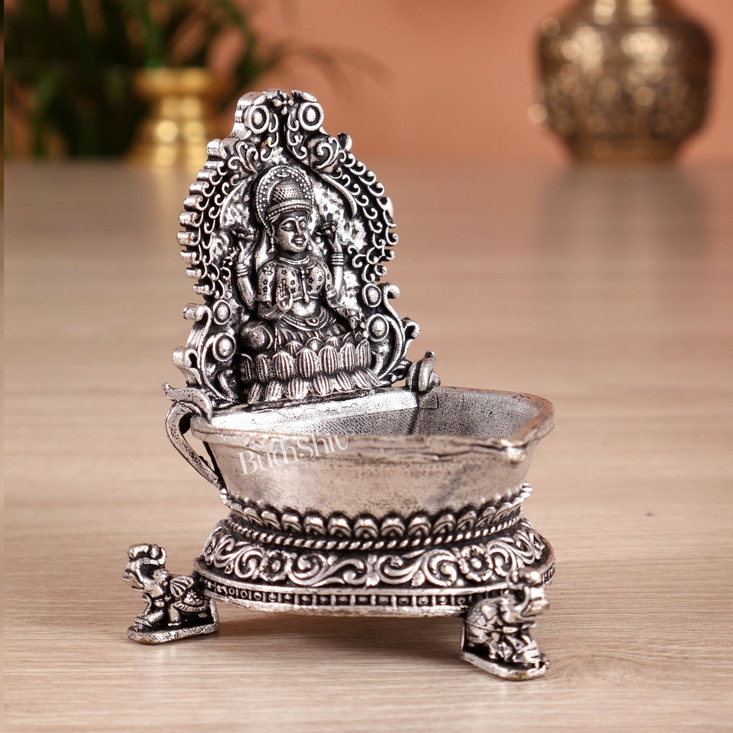 Brass Superfine Gajalakshmi Kamatchi Vilakku – Silver Plated Oil Lamp Diya (2.7 Inches) - Budhshiv.com