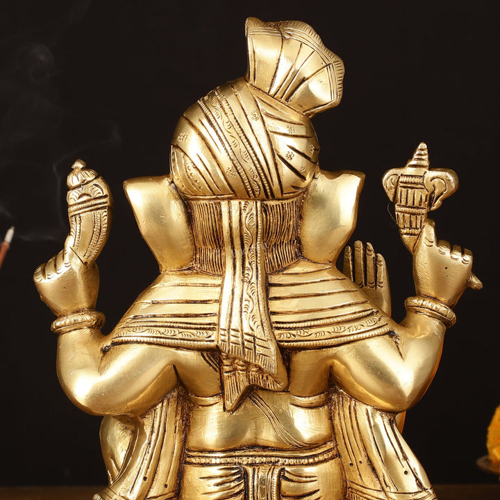 Brass Superfine Ganapati Wearing Turban Pagadi Idol - 8.5" Divine Sculpture - Budhshiv.com