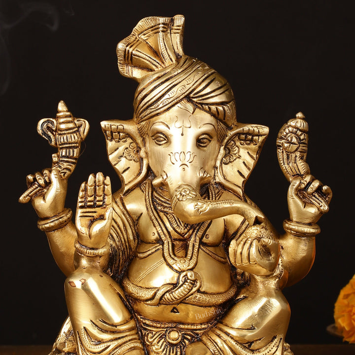 Brass Superfine Ganapati Wearing Turban Pagadi Idol - 8.5" Divine Sculpture - Budhshiv.com