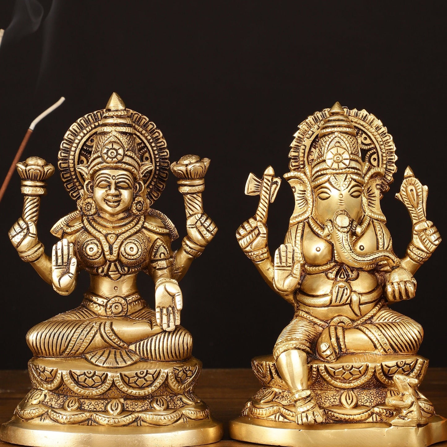 Brass Superfine Ganesh Lakshmi Idol - 7" Divine Sculpture - Budhshiv.com