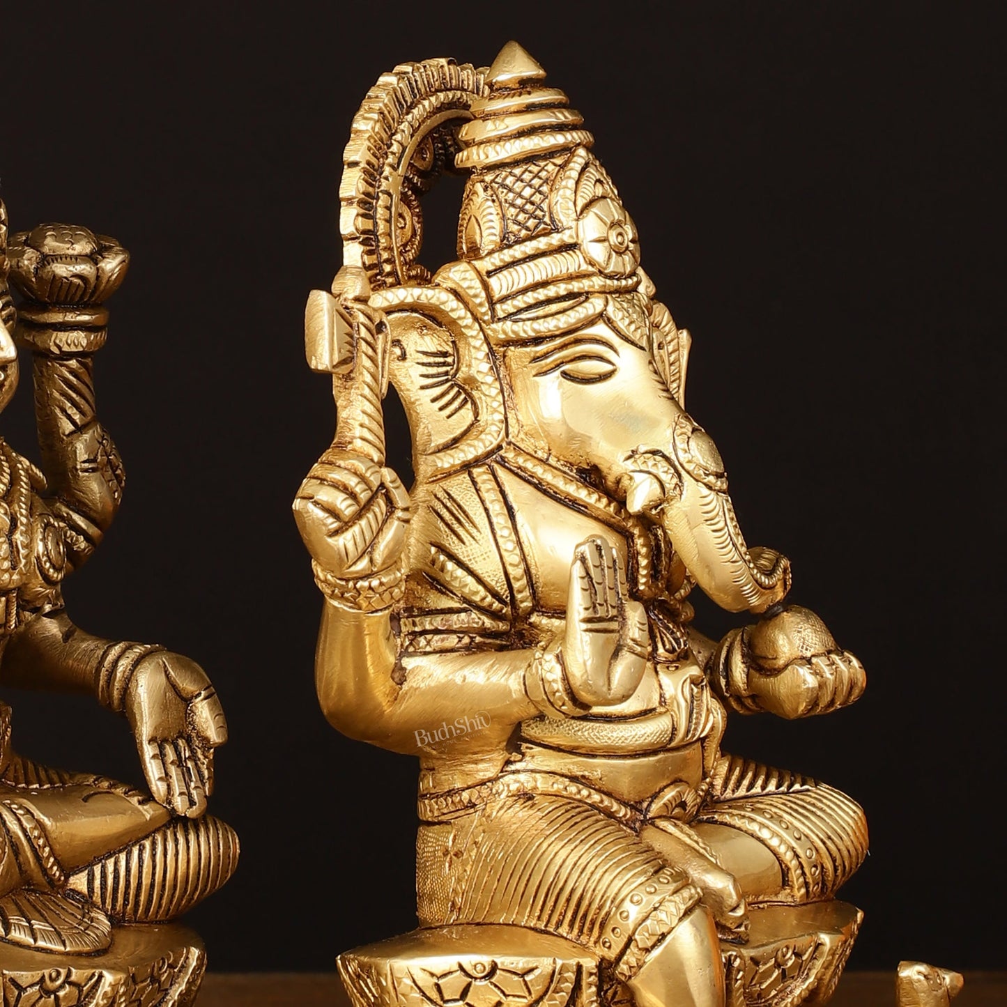 Brass Superfine Ganesh Lakshmi Idol - 7" Divine Sculpture - Budhshiv.com