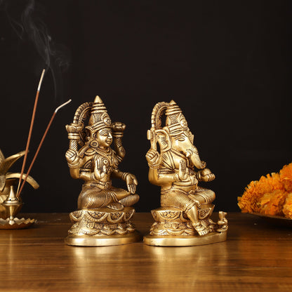 Brass Superfine Ganesh Lakshmi Idol - 7" Divine Sculpture - Budhshiv.com