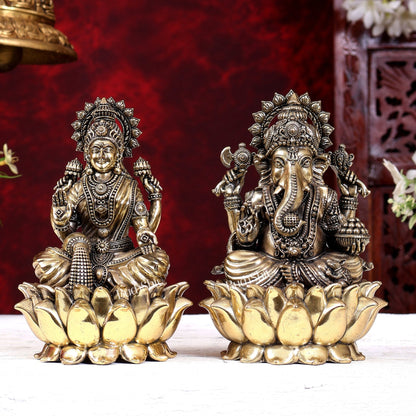 Brass Superfine Ganesh Lakshmi Idols Cross-Legged on Lotus Base 5 inch - Budhshiv.com