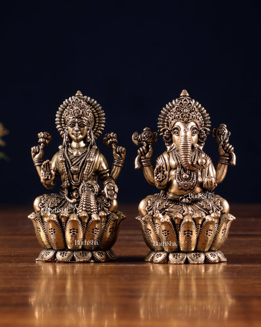 Brass Superfine Ganesh–Lakshmi on Lotus Idol Pair – Miniature (2.5 Inch) - Budhshiv.com