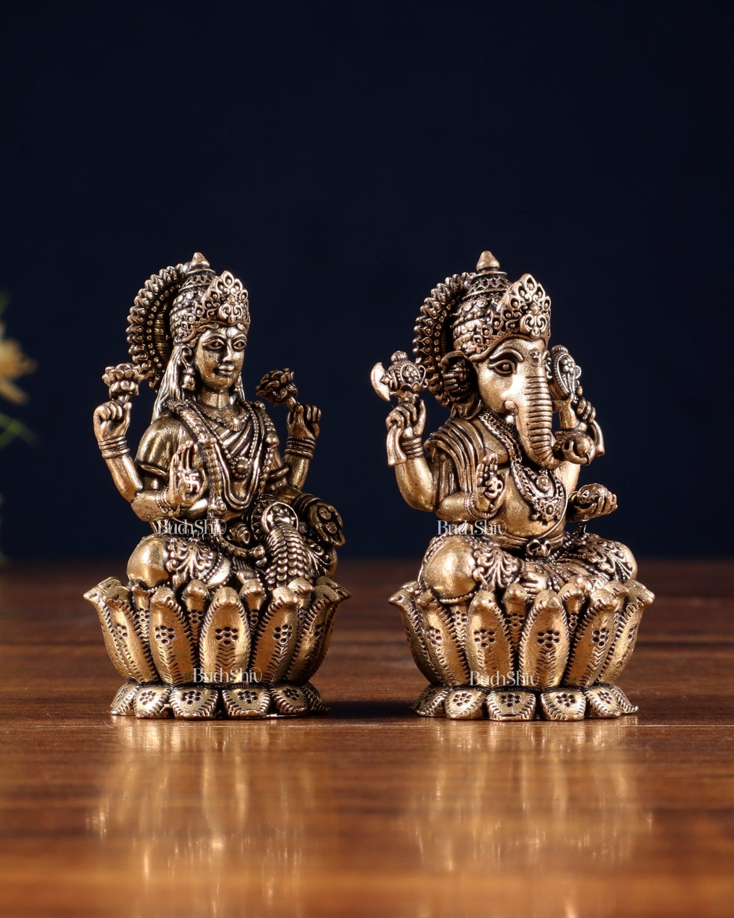 Brass Superfine Ganesh–Lakshmi on Lotus Idol Pair – Miniature (2.5 Inch) - Budhshiv.com