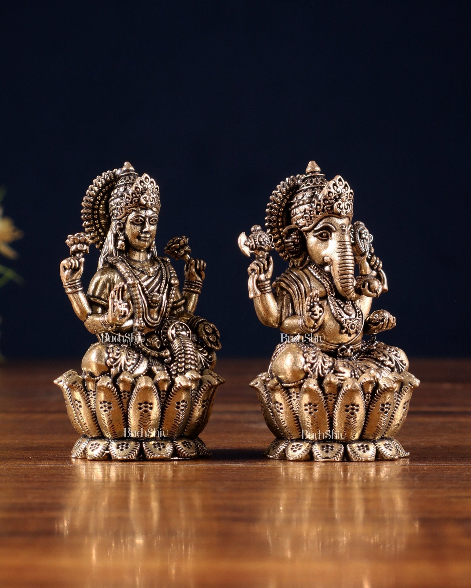 Brass Superfine Ganesh–Lakshmi on Lotus Idol Pair – Miniature (2.5 Inch) - Budhshiv.com