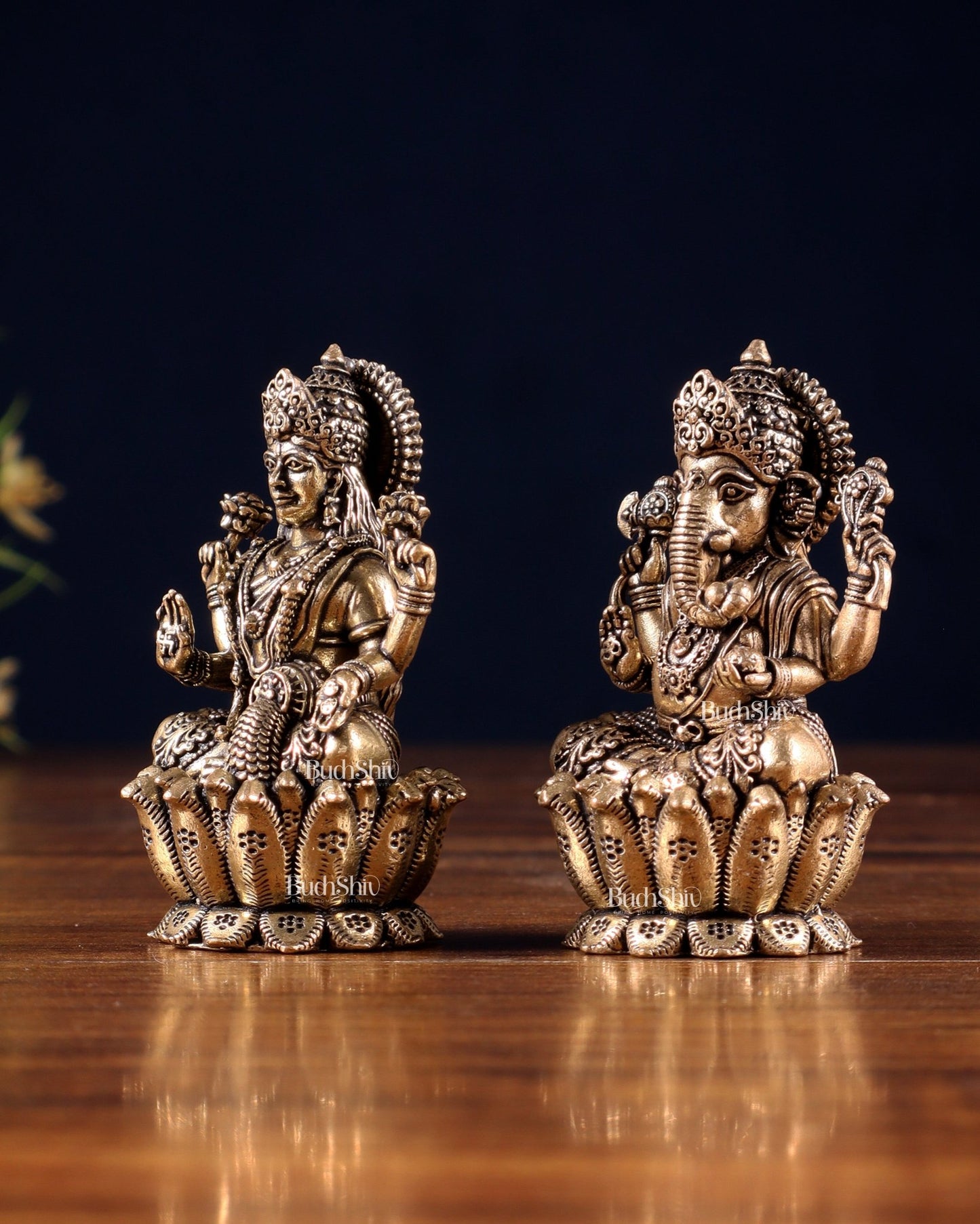 Brass Superfine Ganesh–Lakshmi on Lotus Idol Pair – Miniature (2.5 Inch) - Budhshiv.com