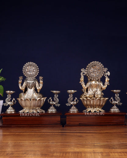 Brass Superfine Ganesh–Lakshmi Pair with Twin Peacock Lamps on Wooden Base – 9.5 Inch - Budhshiv.com