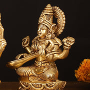 Brass Superfine Ganesh Lakshmi Saraswati Idol - 7" Divine Sculpture - Budhshiv.com