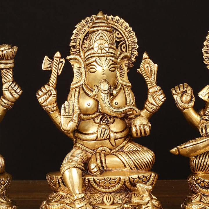 Brass Superfine Ganesh Lakshmi Saraswati Idol - 7" Divine Sculpture - Budhshiv.com