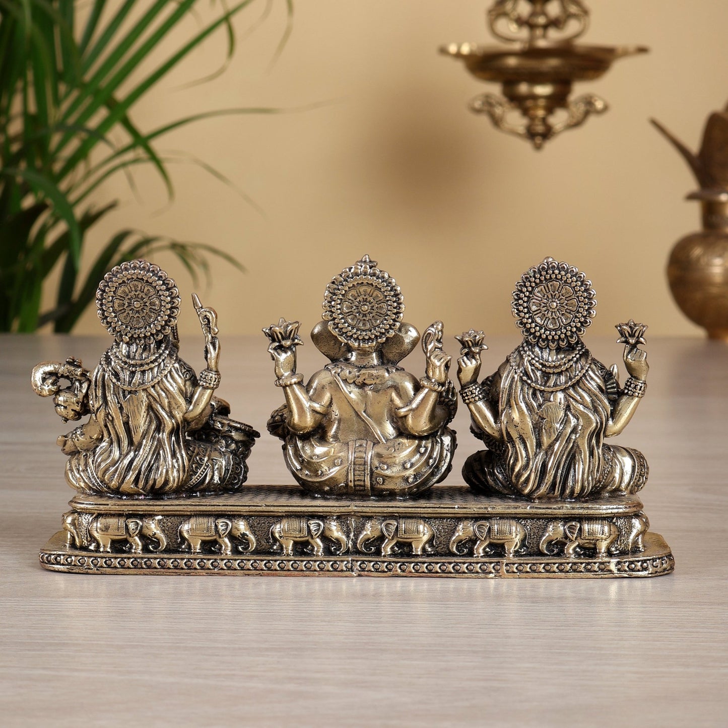 Brass Superfine Ganesh Lakshmi Saraswati Idol on Same Base – 3 inch tall 6.5 Inch wide Divine Trio - Budhshiv.com