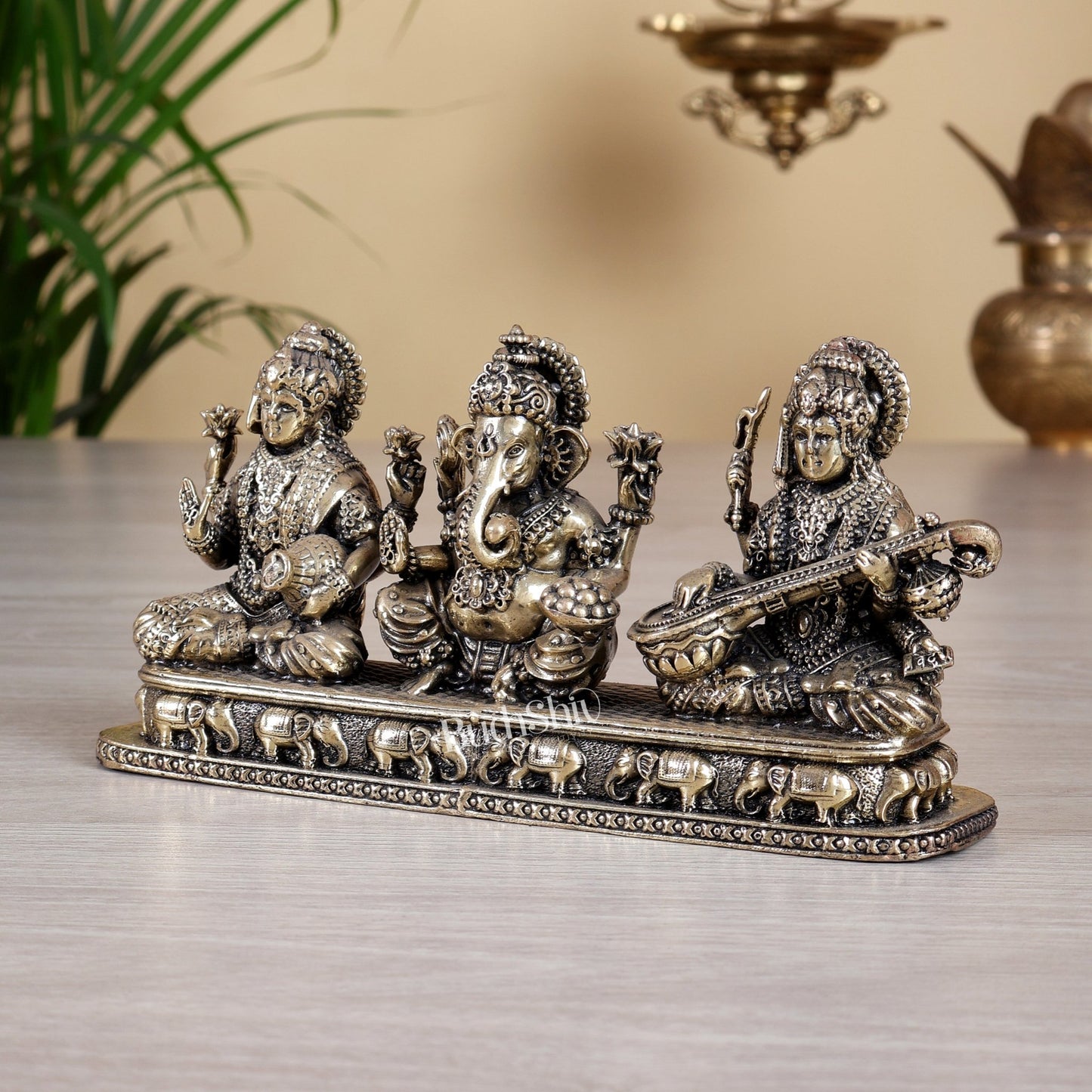 Brass Superfine Ganesh Lakshmi Saraswati Idol on Same Base – 3 inch tall 6.5 Inch wide Divine Trio - Budhshiv.com